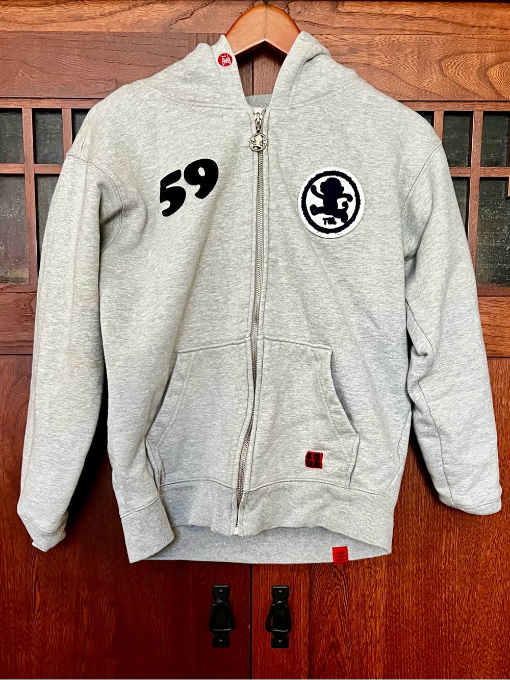 Goku Honpo Women’s Gray Zip-Up Hoodie with Black Appliqué